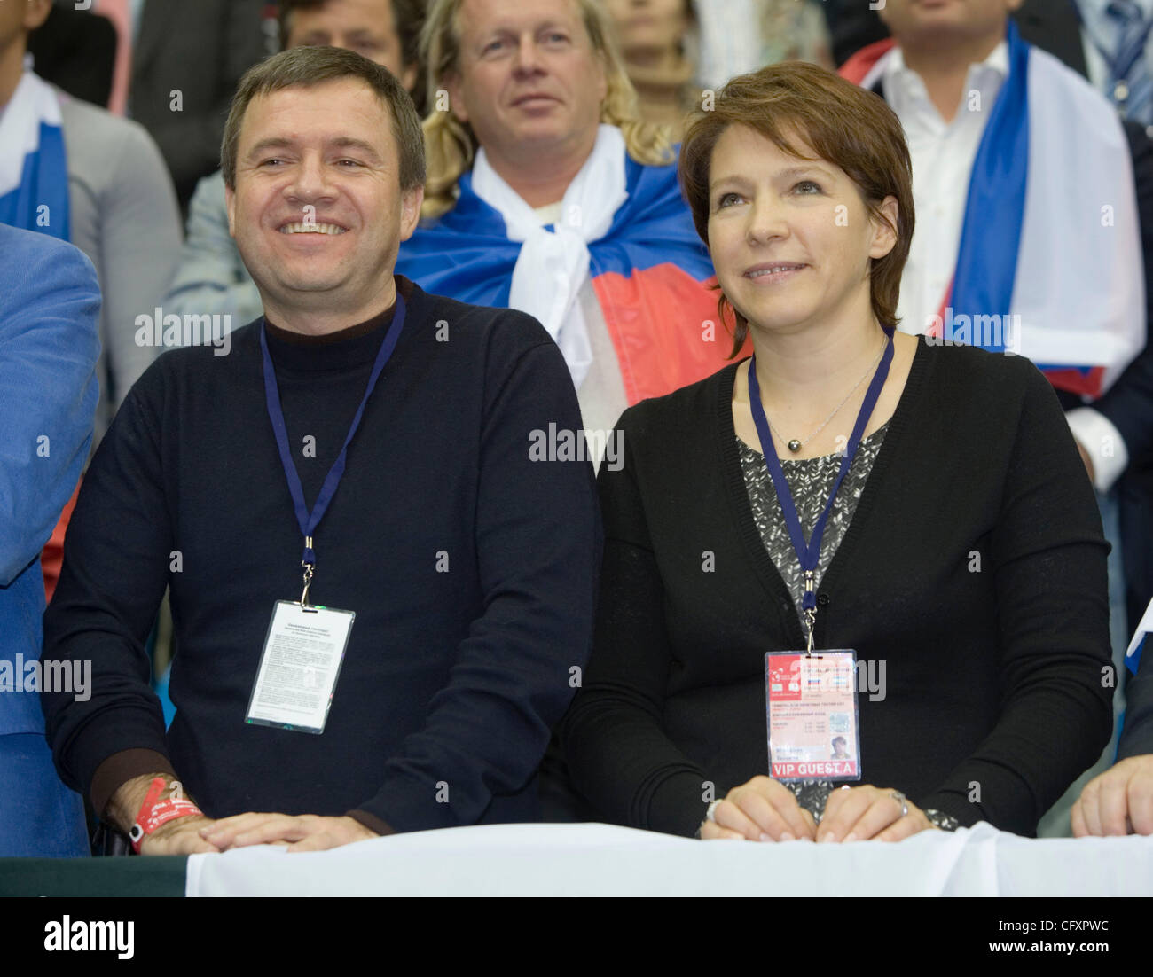 Former head of president Yeltsin`s administration Valentin Yumashev(l)and his wife Tatiana Dyachenko(daughter of Boris Yeltsin). Stock Photo